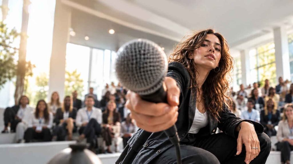 Speaker holding a microphone at an FPSC public speaking event in Dubai